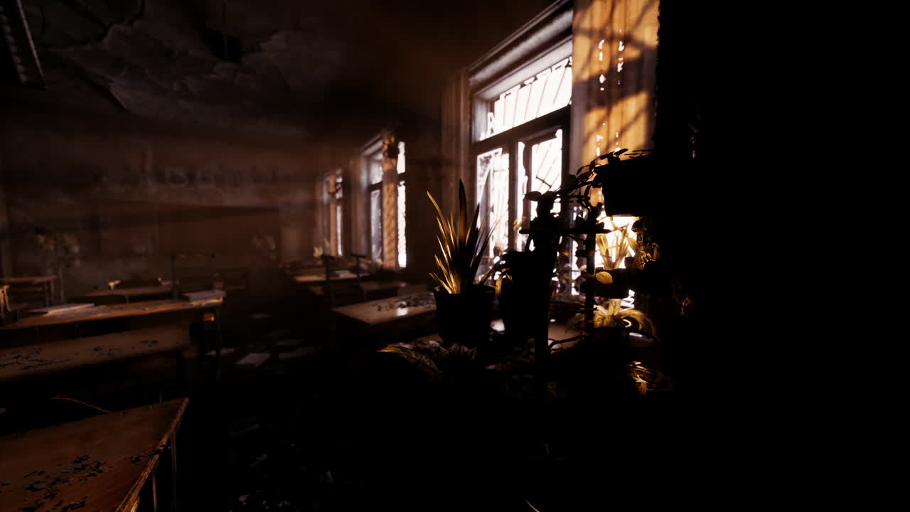 Dusty classroom illuminated by soft sunlight streaming through windows