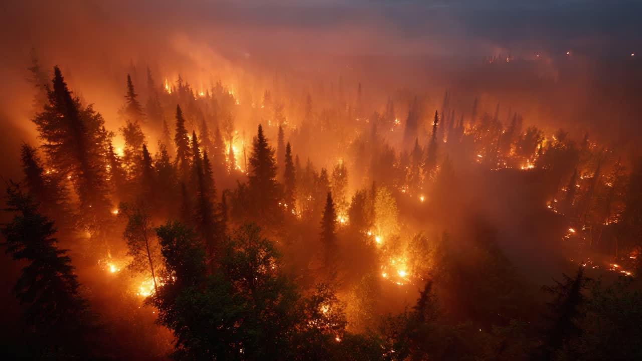 Dramatic Transformation of a Forest Ravaged by Wildfire: From Vibrant Greenery to a Fiery and Smoky Landscape