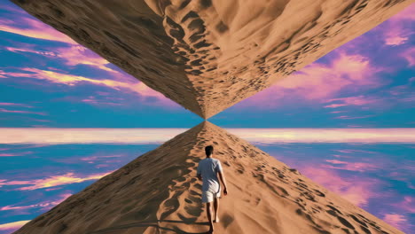 man walking on surreal mirrored sand path at sunset