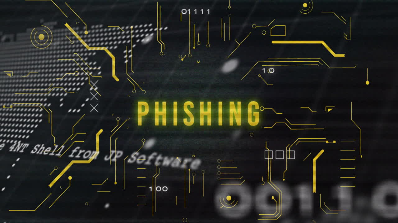 Animation of phishing text overlaying digital binary code and world map graphics