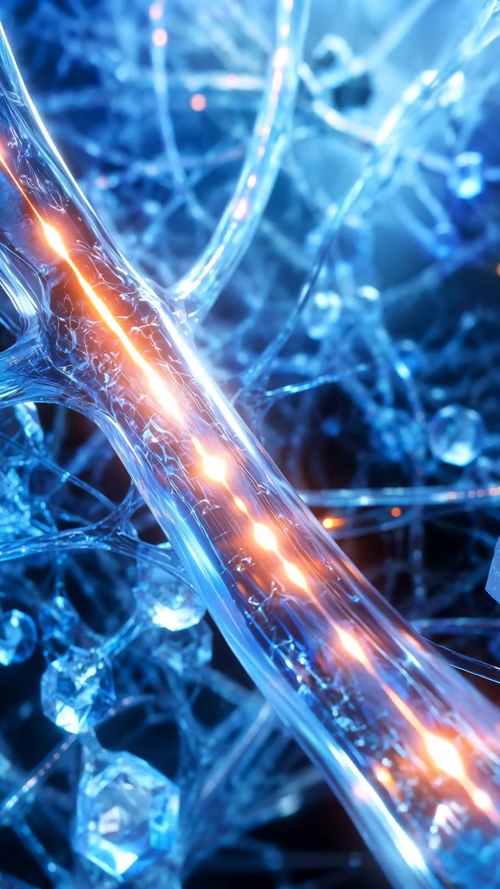 Camera advances along a clear central tube while warm orange streaks brighten inside it, surrounded by cool blue branching filaments and faceted transparent forms in layered depth.