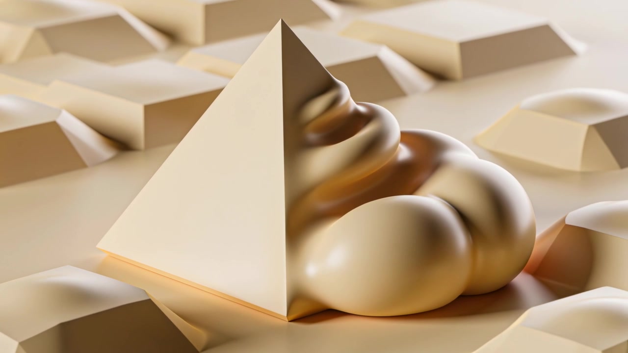 Dotýkající se pyramida, jemná krémová hmota stahující se a vyhlazující se na dlážděné ploše, odhalující teplou pyramidu.