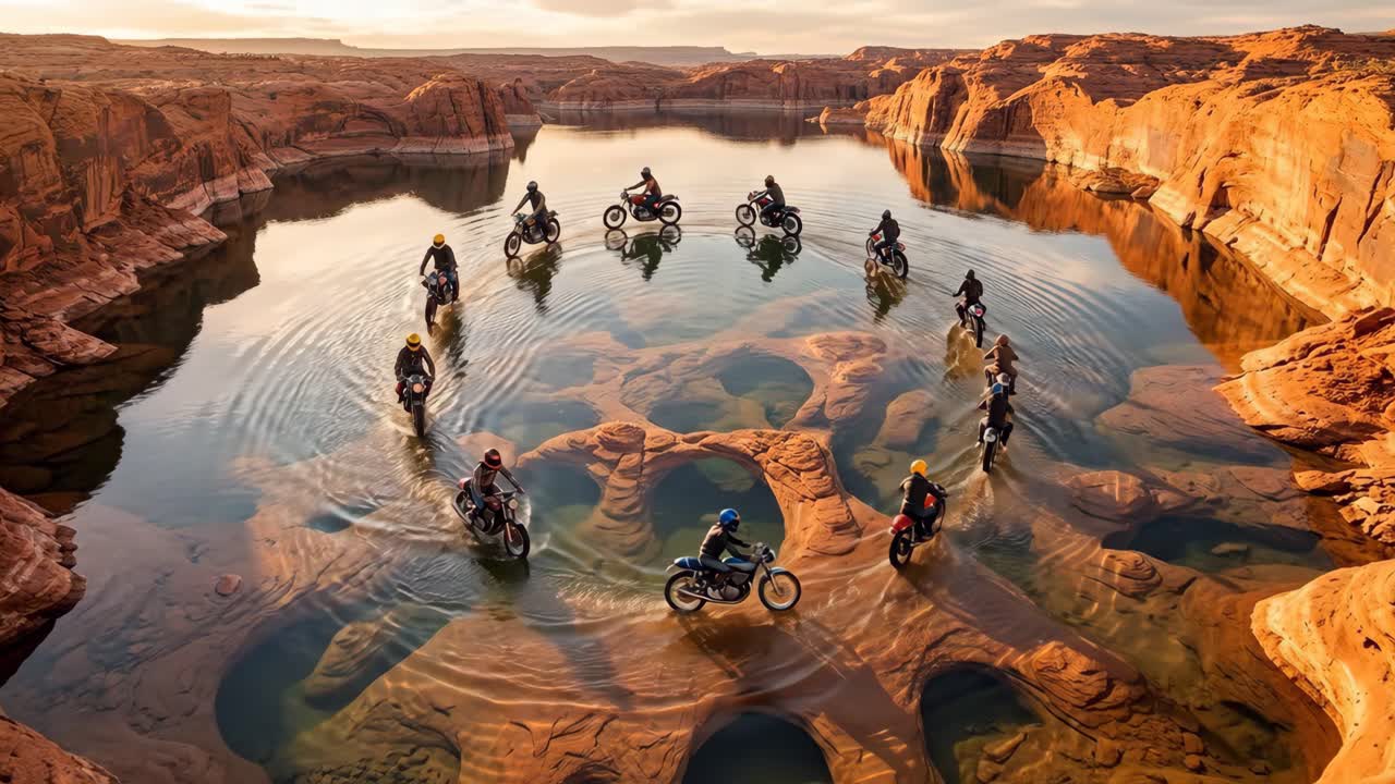 Luftfoto af motorcyklister, der kører i cirkel i en sø i en ørkenkløft