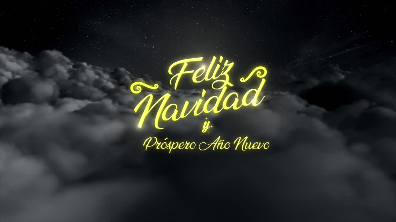 la mágica escena nocturna gráfica en movimiento festivo que flota sobre las nubes mientras un rastro brillante y mágico de partículas brillantes revela el mensaje �feliz navidad y próspero ano nuevo??