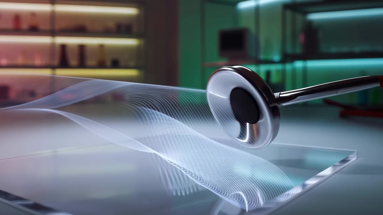 Primo piano di un fonendoscopio cromato poggiato su un pannello di vetro trasparente, con una morbida forma d'onda traslucida che si illumina in primo piano all'interno di una clinica moderna, suggerendo cure diagnostiche e precisione medica.