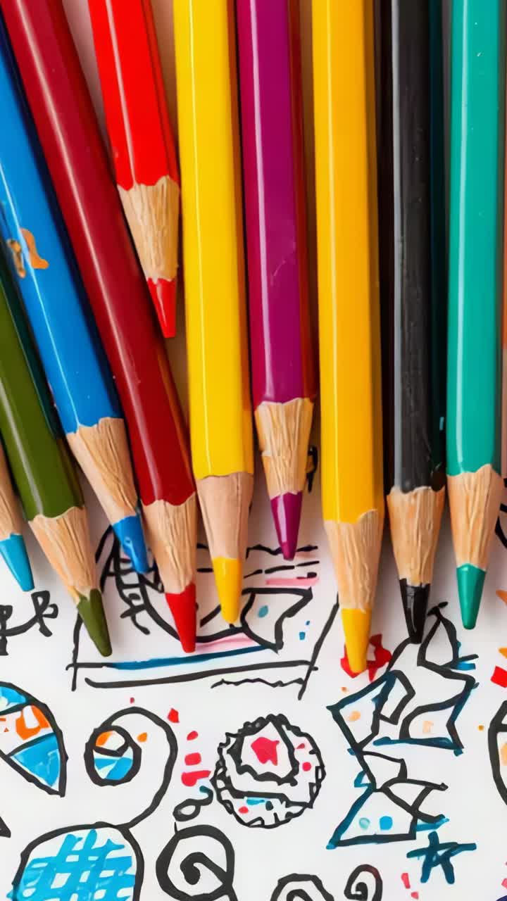 Vertical video: Looping camera showing sharpened colored pencils on doodles at desk, creativity
