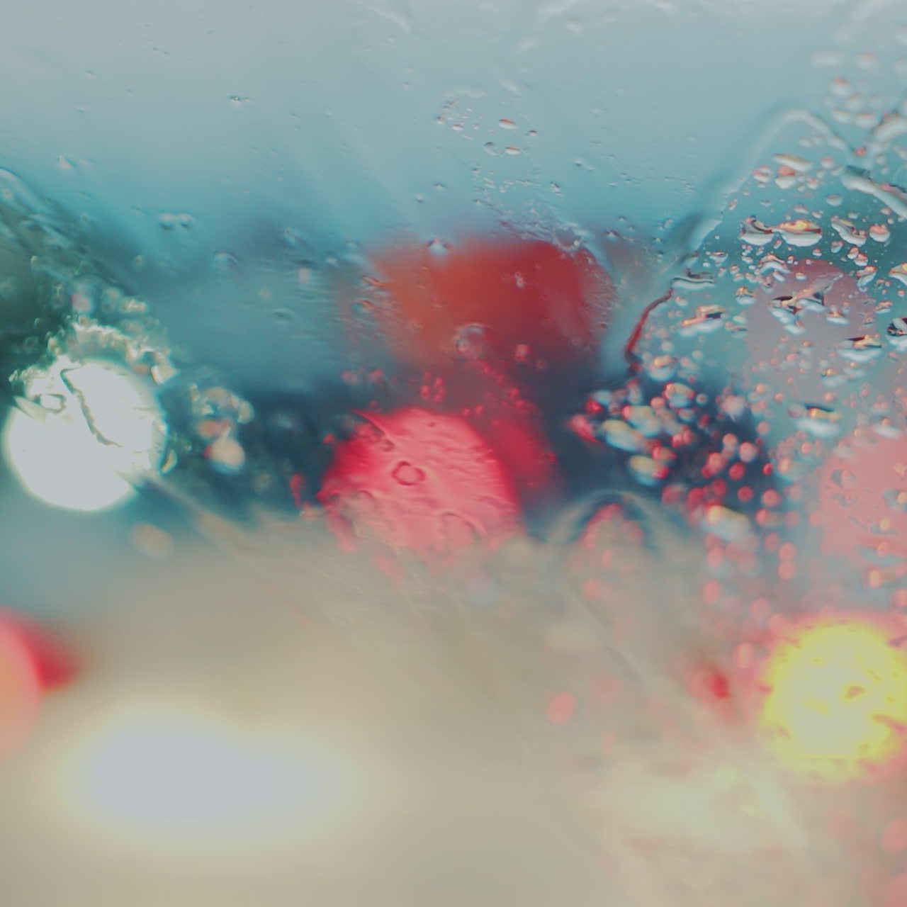 Rain drops over windshield. Abstract view of water drops through windscreen