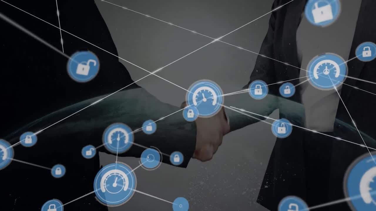 animación de la red de conexiones con iconos sobre la sección media de los empresarios que se dan la mano