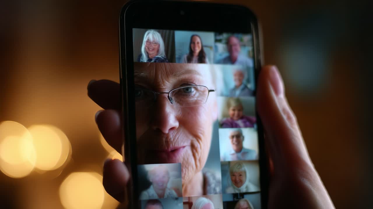A Close-Up View of an Engaging Video Call on a Smartphone, Showcasing a Women's Expressions of Joy and Connection Amidst a Collage of Smiling Faces from Friends and Family