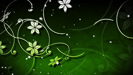 animación de estrellas y flores sobre fondo verde