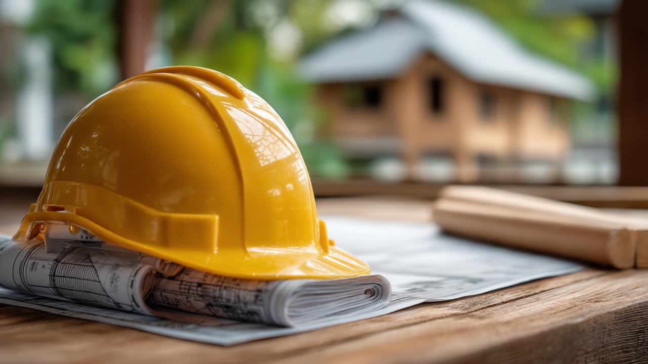 A Close-Up View of a Yellow Hard Hat Resting on Architectural Blueprints, Highlighting Construction and Design Elements Indoors with Natural Light and Background Features