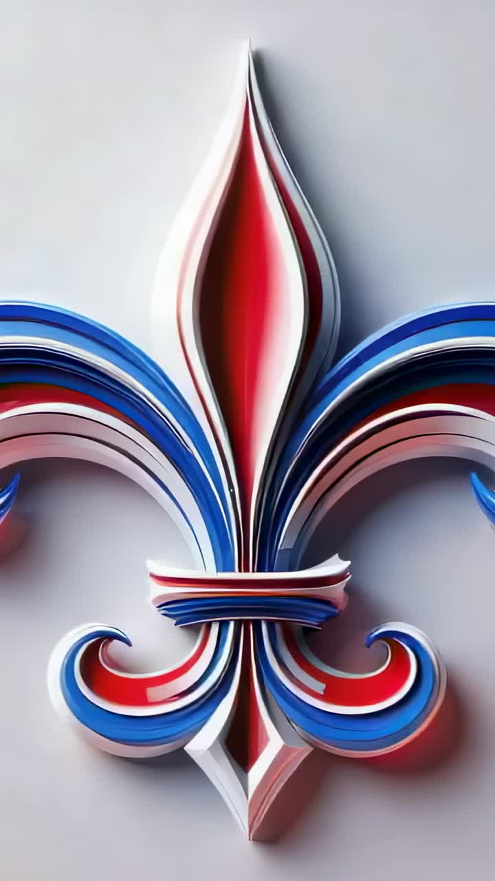 Vertical video: Rotating then returning fleur-de-lis sculpture on grey wall with tricolor layers
