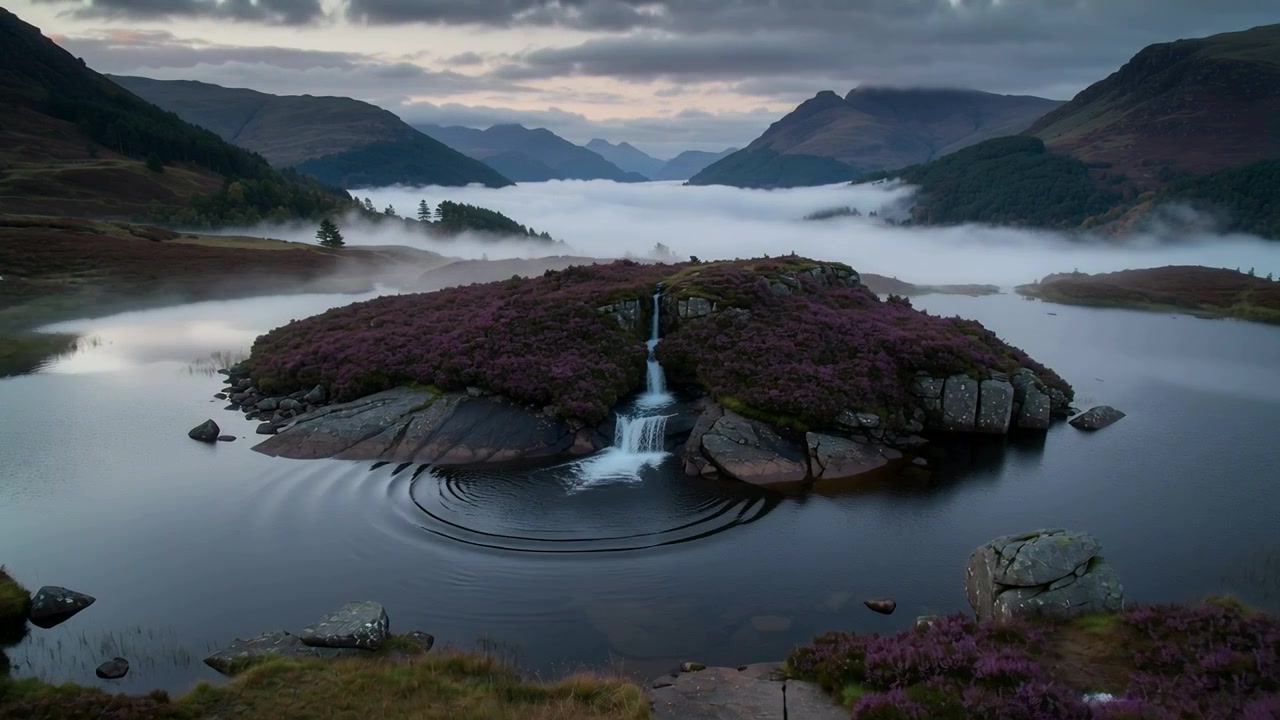 Cascading island waterfall fed by narrow stream, sending expanding ripples across upland loch