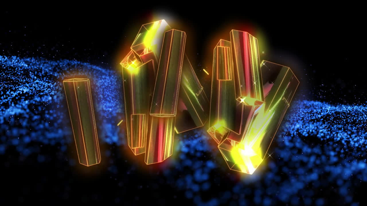 어두운 배경에 반이는 결정과 반이는 입자 애니메이션