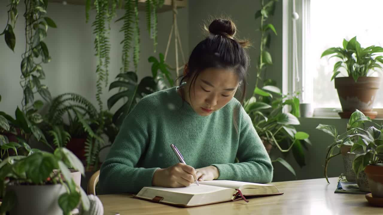 A young woman immersed in reflection and creativity, writing in her journal amidst a lush indoor garden, capturing the tranquility of a serene workspace filled with plants