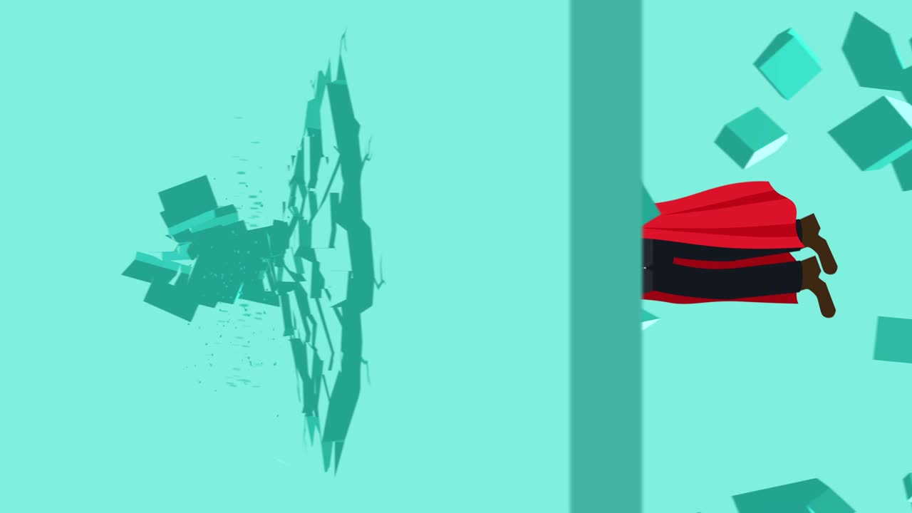 벽을 깨는 슈퍼 히어로 비즈니스맨: 자유와 도전 개념: 평평한 스타일의 루프 일러스트레이션