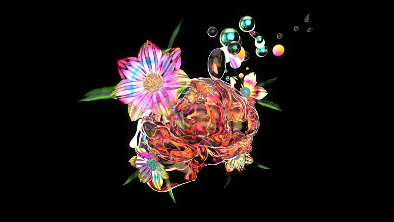 꽃과 거품을 가진 뇌의 4k 추상 예술