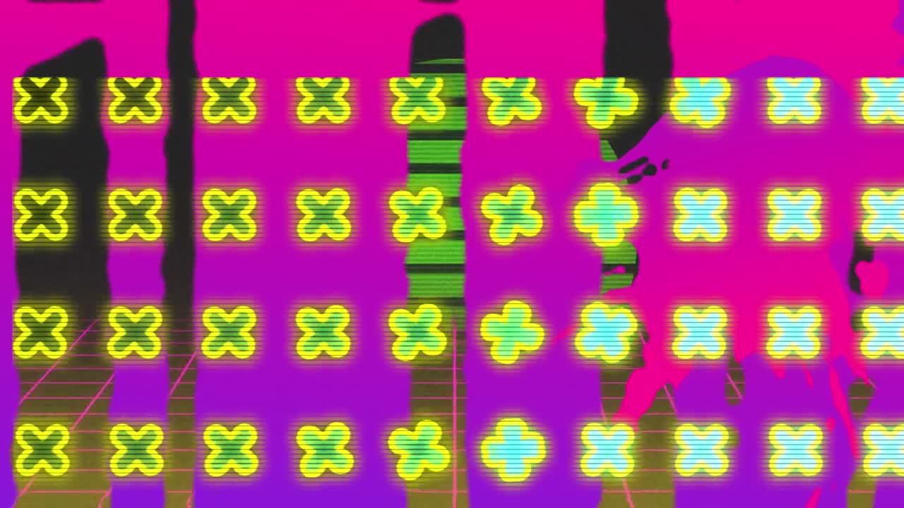 디지털 공간에서 다채로운 추상적인 모양과 십자가의 애니메이션