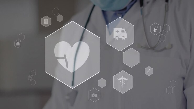Animación de red de iconos médicos sobre un médico caucásico