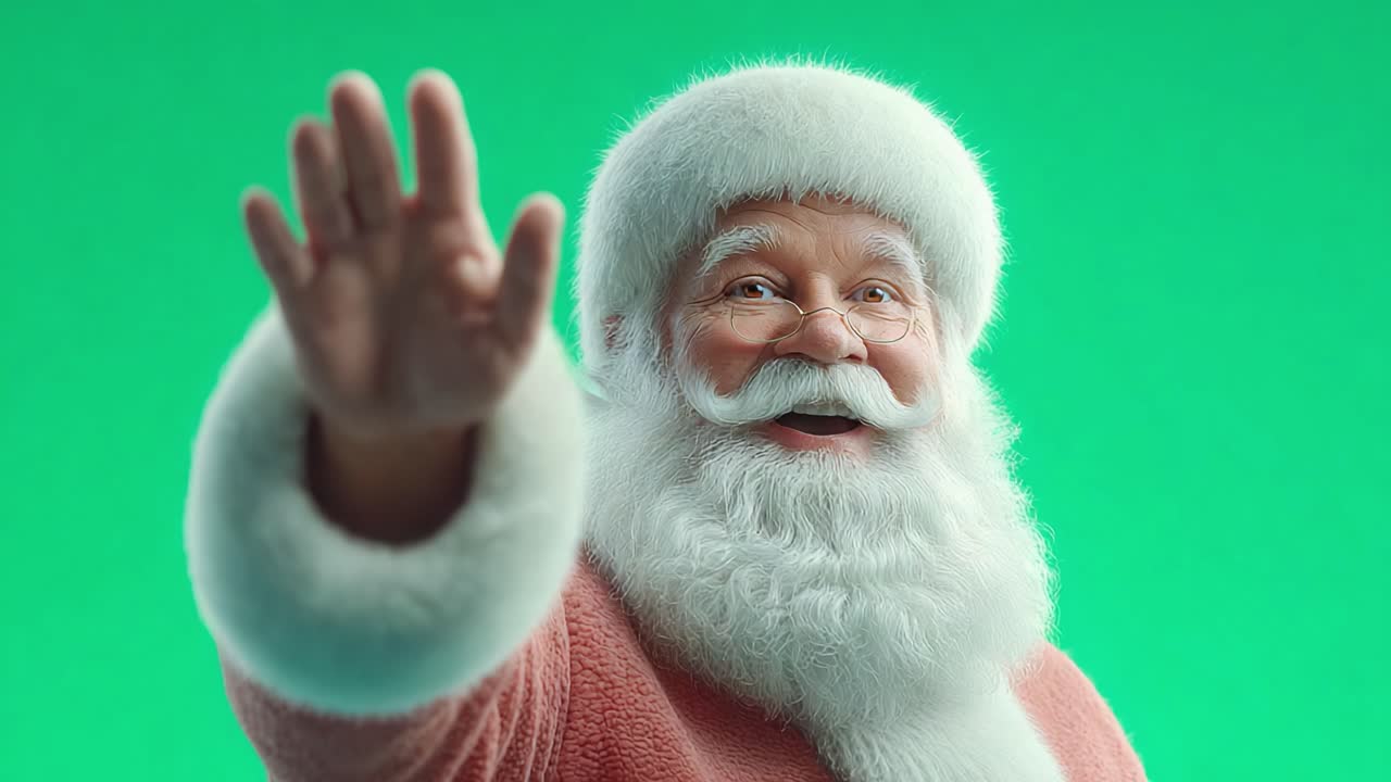 Glædelig julestemning: En munter julemand vinker med et varmt smil og fanger essensen af festlige fejringer og sæsonbestemt glæde mod en levende grøn baggrund