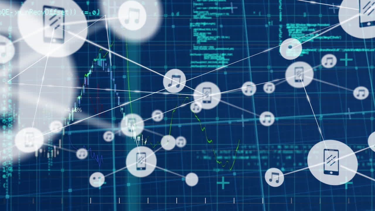 Animation of network of connections with icons over data processing on blue background