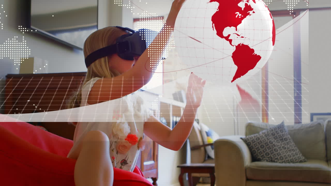 animación de la red de conexiones, globo y procesamiento de datos sobre la niña en auriculares vr