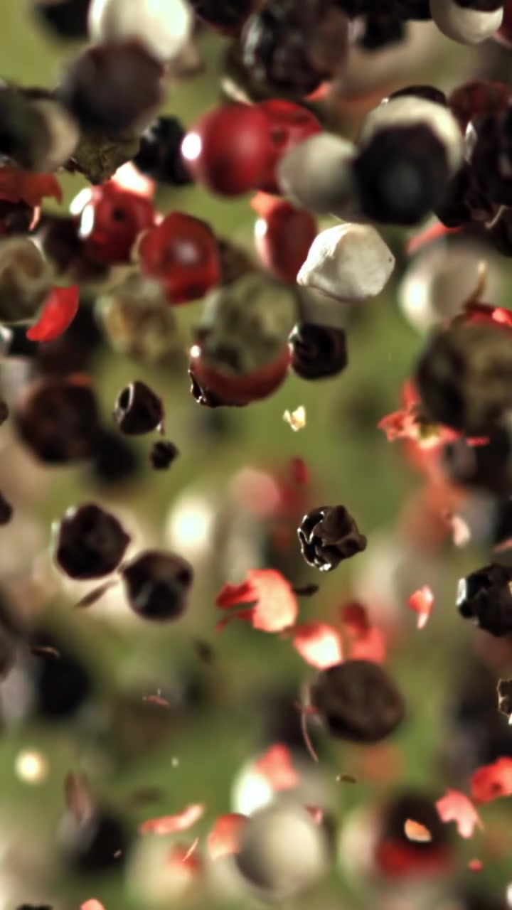 Macro Shot of Mixed Peppercorns Falling in Slow Motion