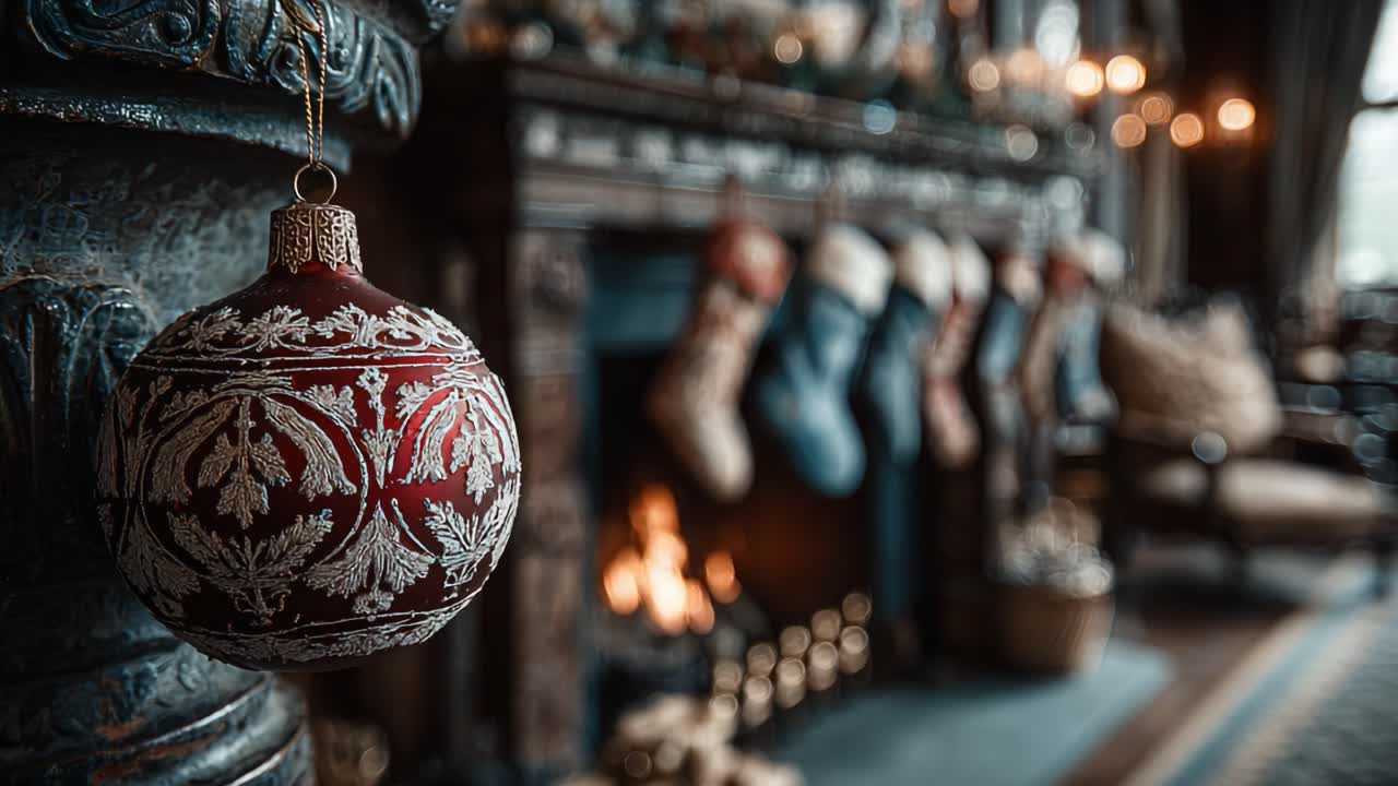 Elegant Holiday Scene Featuring a Beautifully Decorated Fireplace with Ornate Stockings and a Stunning Ornament, Evoking the Warmth and Joy of the Christmas Season