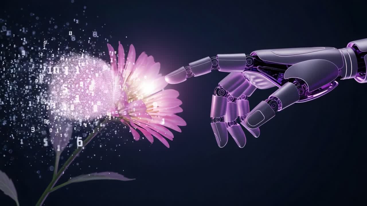 A Futuristic Encounter: A Robotic Hand Gently Touching a Flower, Blending Nature and Technology in a Digital Transformation of Life