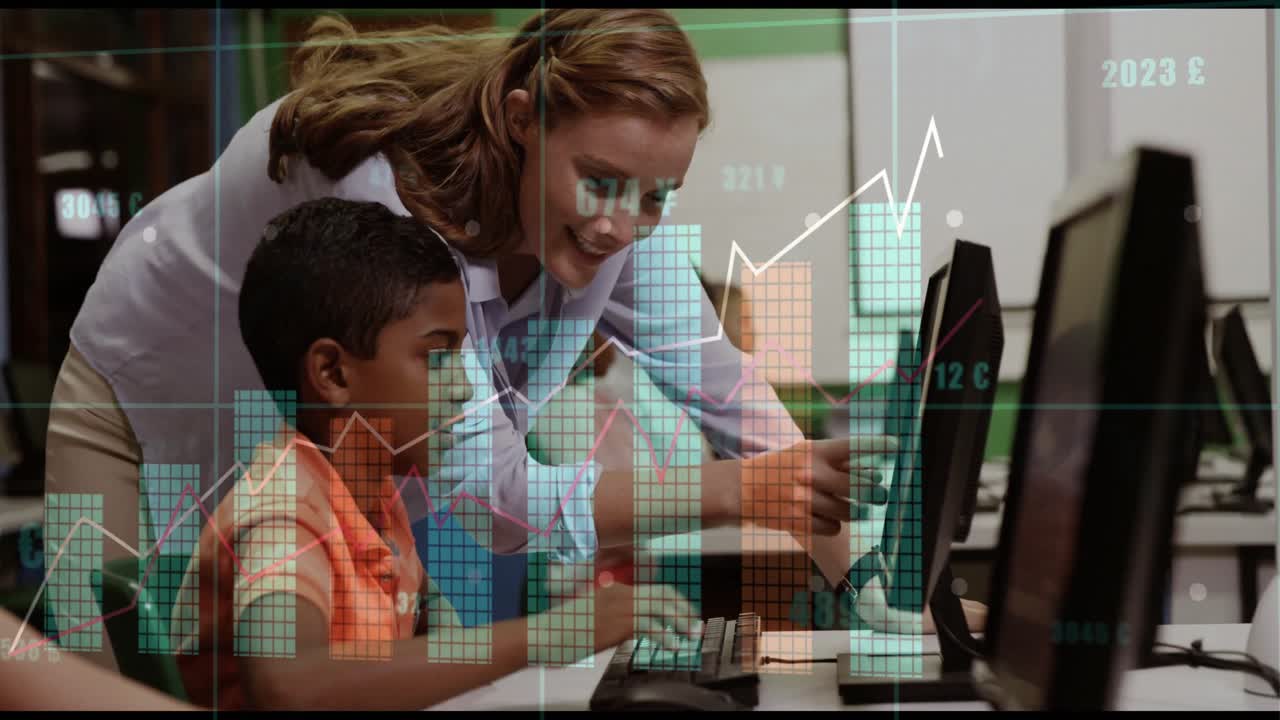 Girl typing and teacher guiding boy leaning over mouse in computer lab with animated data charts