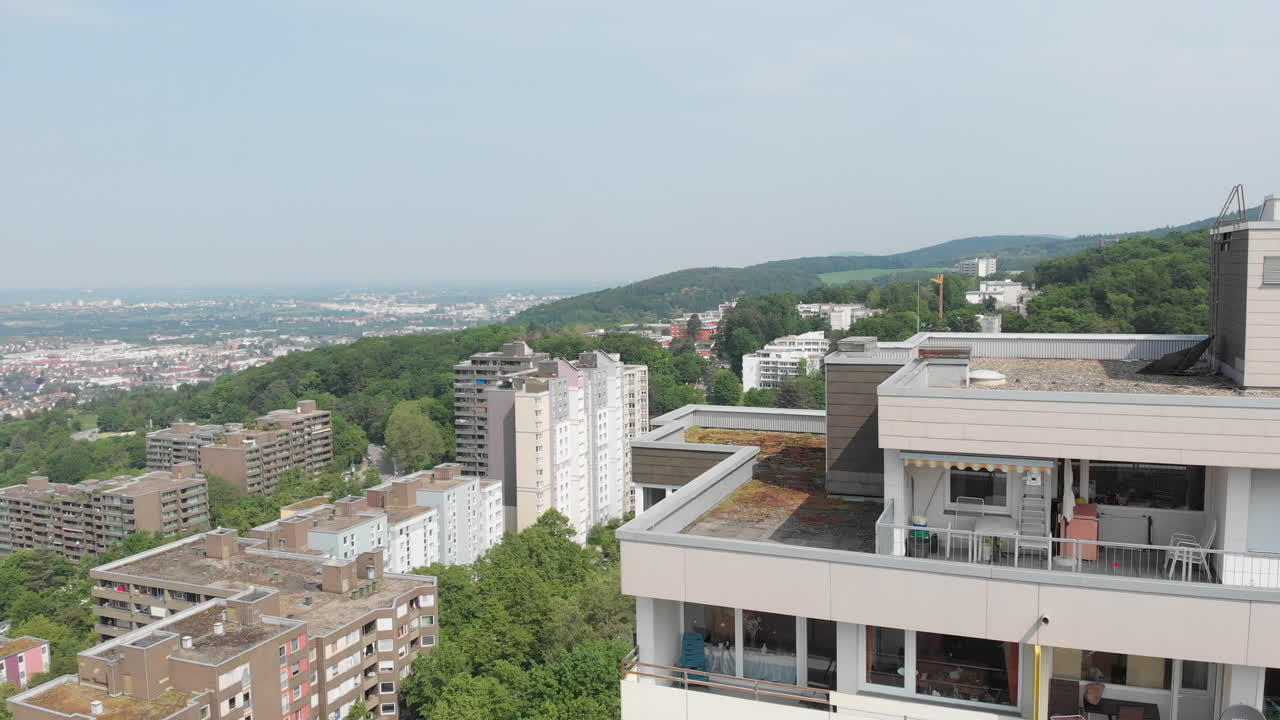 Apartment building in urban Suburban, Heidelberg, Germany, Bottom to top aerial shot