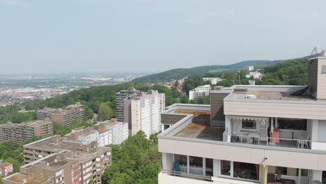 apartment building in urban suburban, heidelberg, germany, bottom to top aerial shot