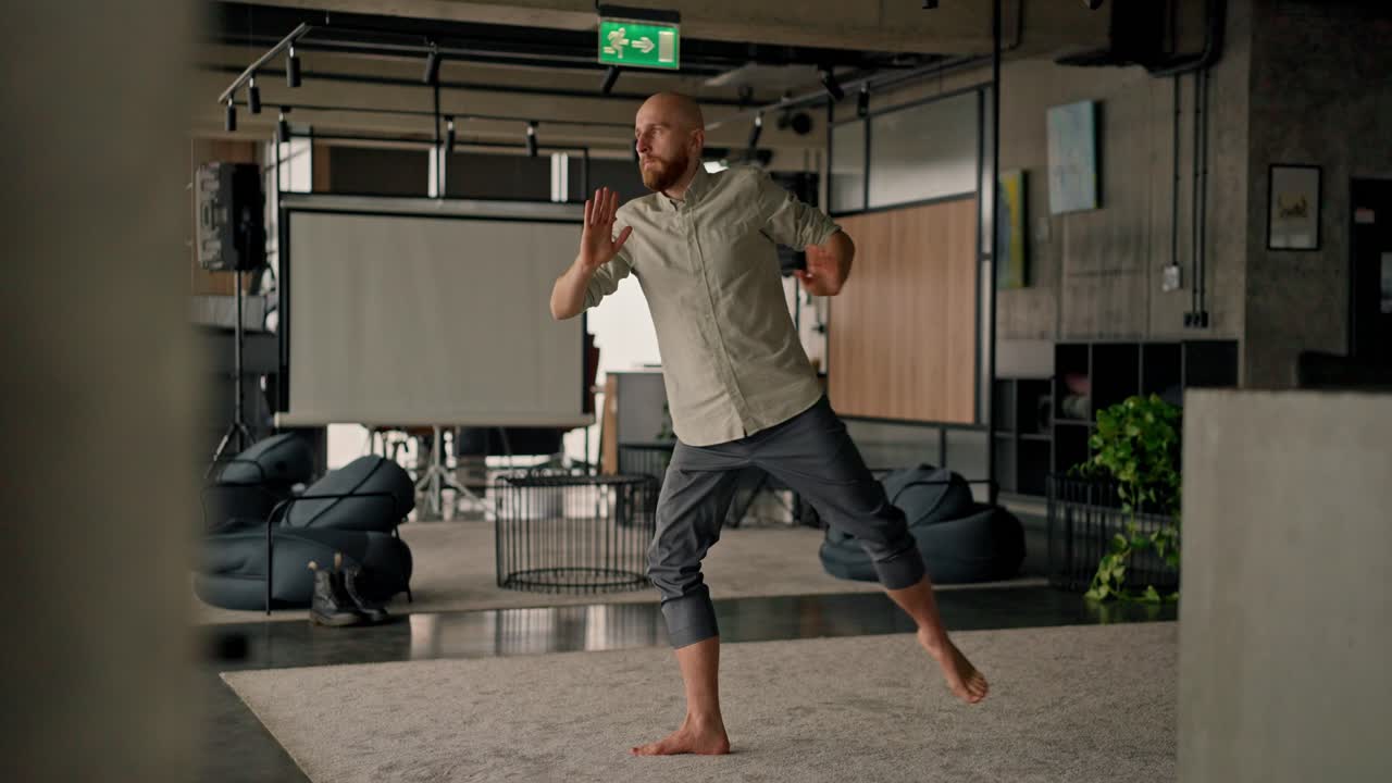 Man Practicing Yoga and Meditation in an Office Setting
