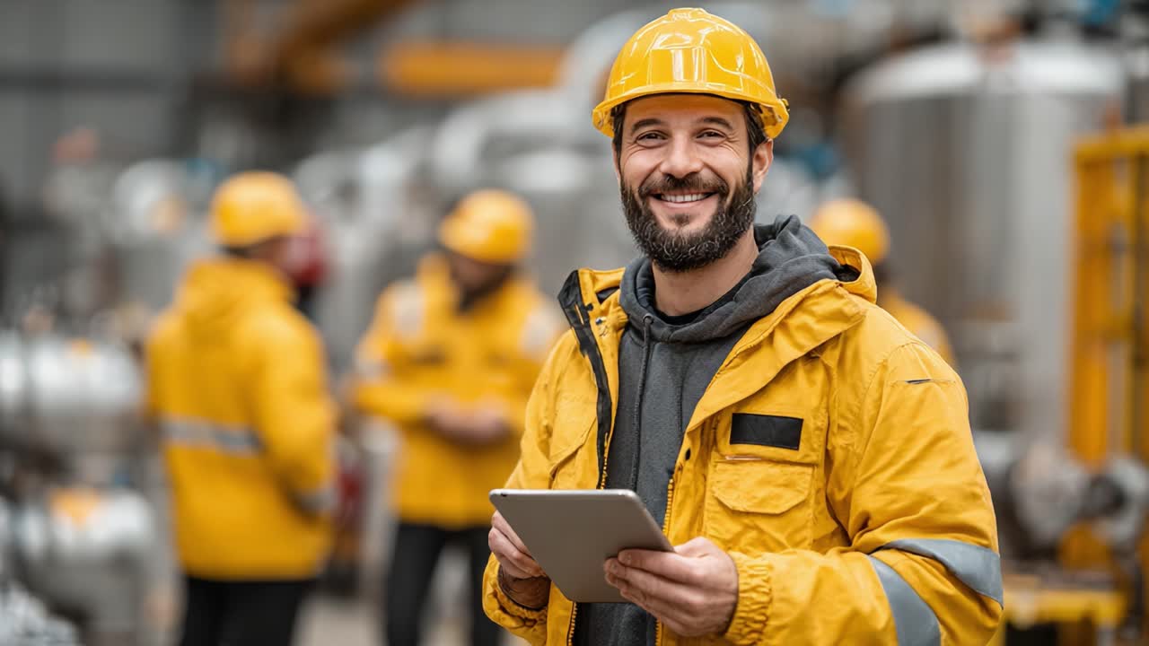 A smiling worker in a bright yellow safety jacket and hard hat, engaging with technology in an industrial environment, reflecting safety and professionalism in the workforce