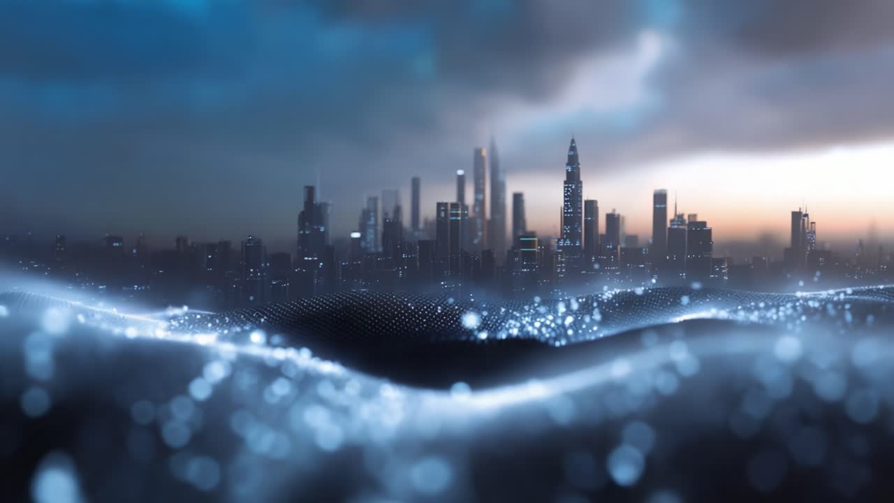 Dramatic skyline view of a modern city under a moody sky, illuminated by shimmering lights and abstract waves, creating a captivating urban landscape