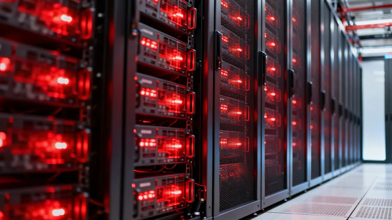 Moving camera revealing server racks along data center aisle, showing red LED clusters