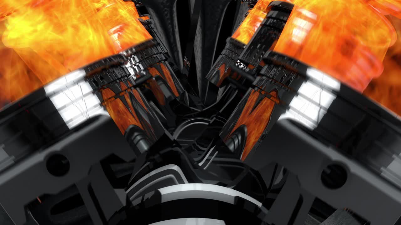 폭발과 불꽃으로 작동하는 v8 엔진 애니메이션을 닫으십시오 - 루프