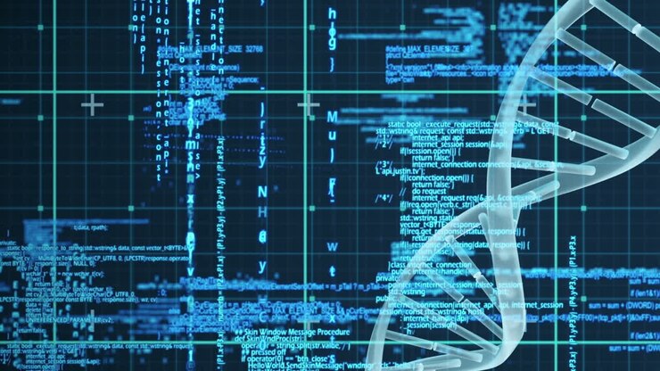 Animation of dna chain over data processing in blue and black space