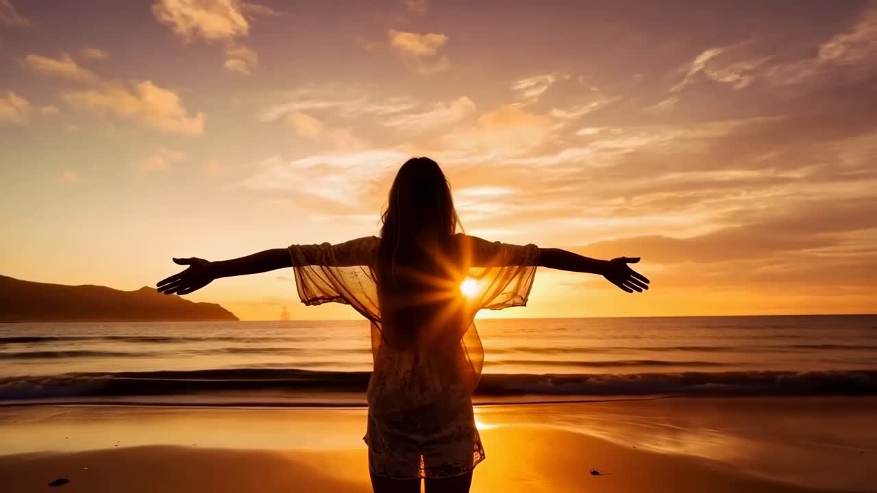 Silhouette of a woman with arms outstretched at sunset on a beach