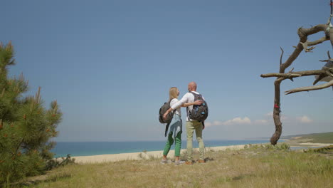 couple holding hands and walking at seaside