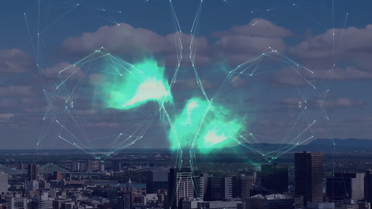 Animating network connections and data processing over cityscape with buildings and clouds