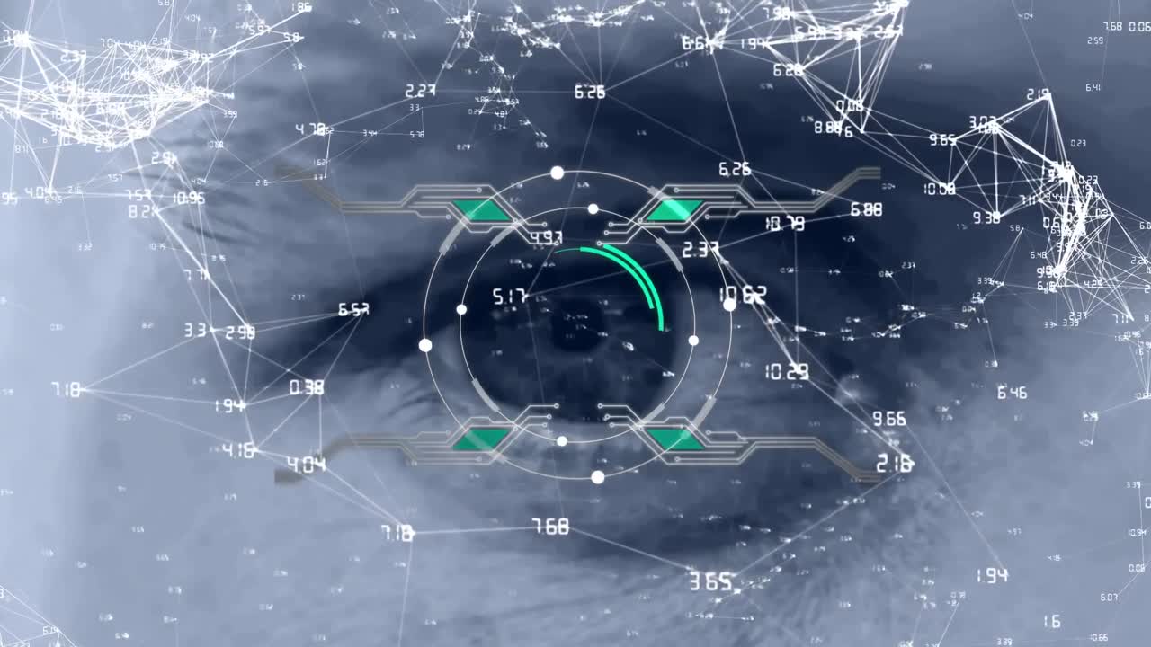 둥근 스캐너와 여성 눈의 클로즈업에 대한 연결 네트워크