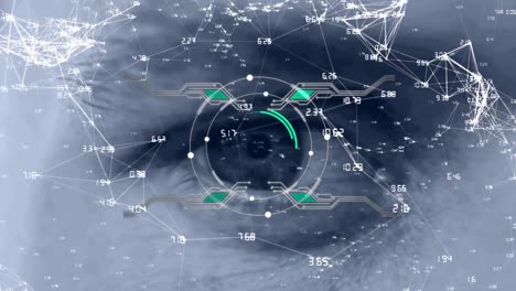 round scanner and network of connections against close up of female eye