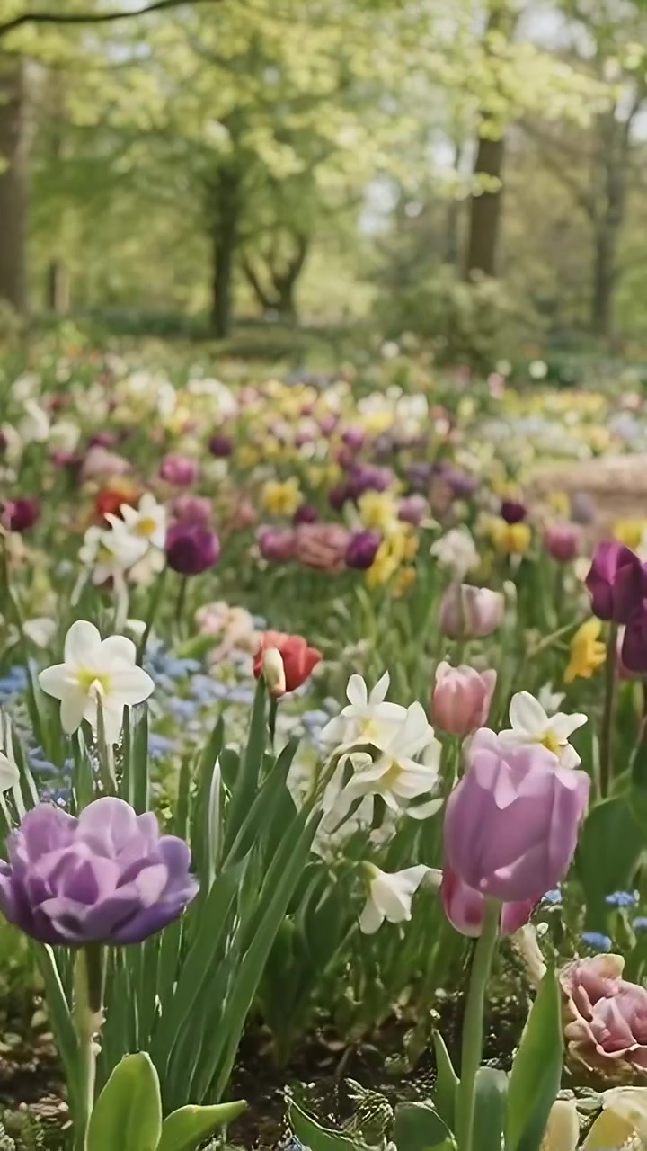 Vertical video: Camera pulling back, low view showing tulips and daffodils in spring garden bed