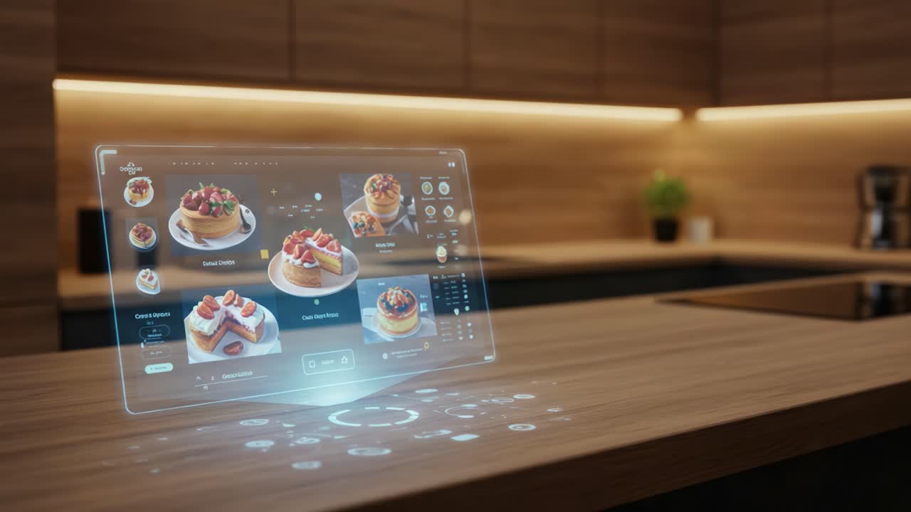 Innovative Smart Kitchen Interface Showcasing Delectable Desserts with Interactive Elements for Cooking and Baking Enthusiasts in a Modern Culinary Environment