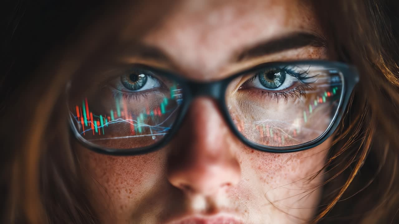 Captivating Close-Up of a Focused Individual with Glasses, Reflecting Intricate Stock Market Data and Trends in Their Eyes, Highlighting Investment Insights and Analytics
