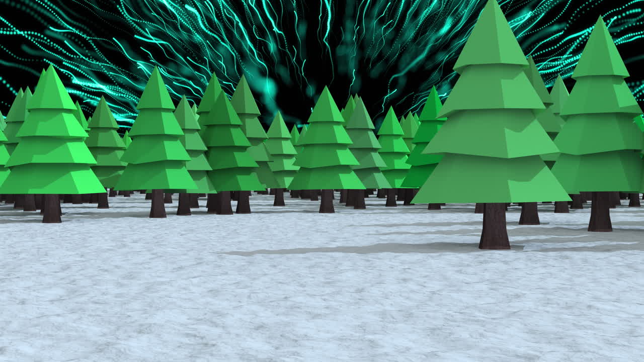 Animation of snow falling over fir trees and winter scenery