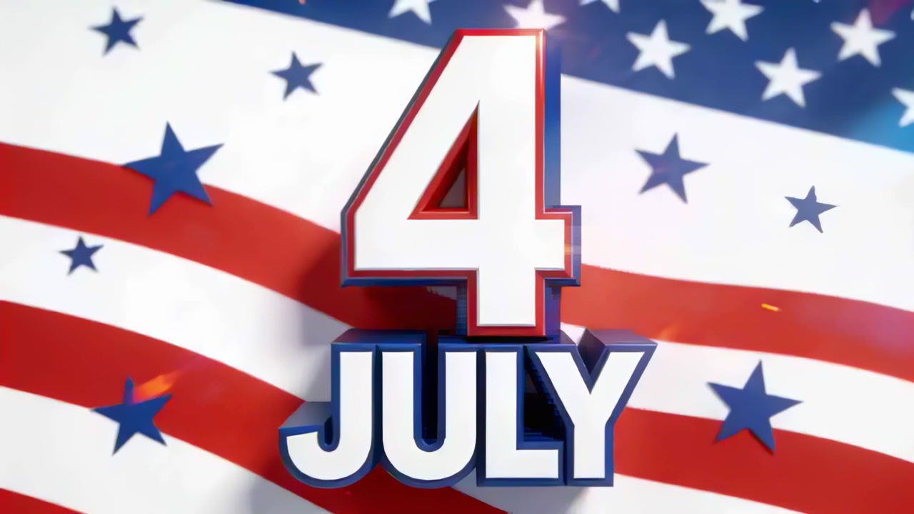 When playback starts animating 3D 4 above JULY centered in flag render, celebrating Fourth of July