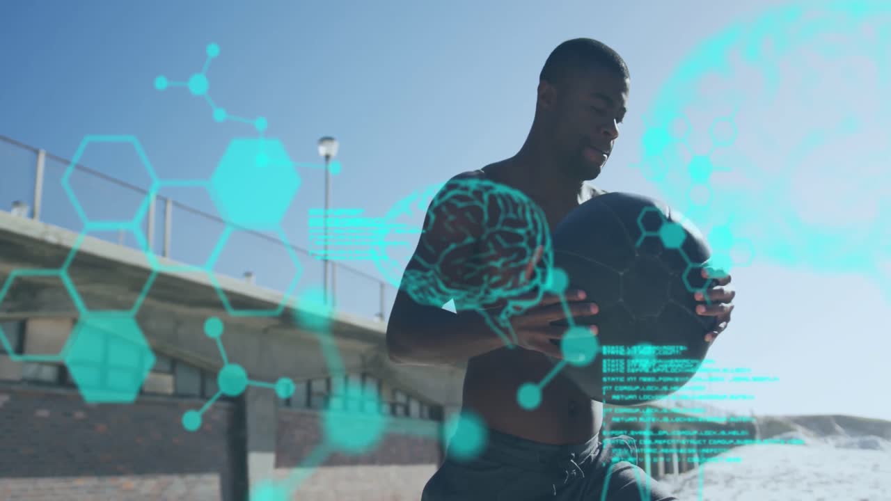 Medical data processing against african american fit man working out with a medicine ball outdoors