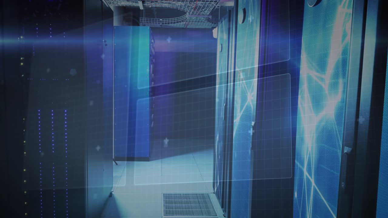 HUD appearing, holograms drifting and rotating over server corridor to show network activity